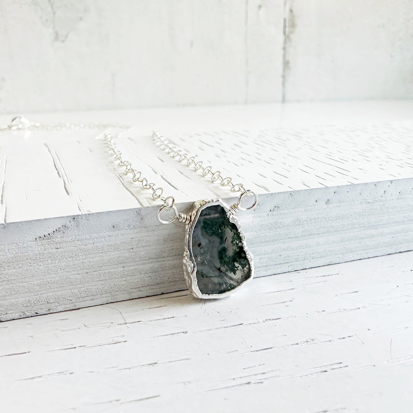 Moss Agate Gemstone Slice Necklace in Sterling Silver